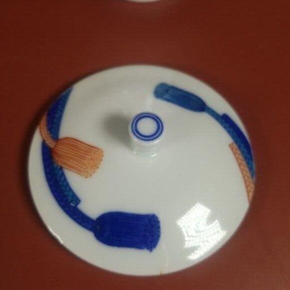 Japanese Tea Cup Mugs With Lids, Tassel Print Blue And Orange Two Sizes Lot of 2 - Picture 7 of 11